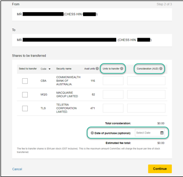 transfer shares commsec parties between different two holdings account fields complete key